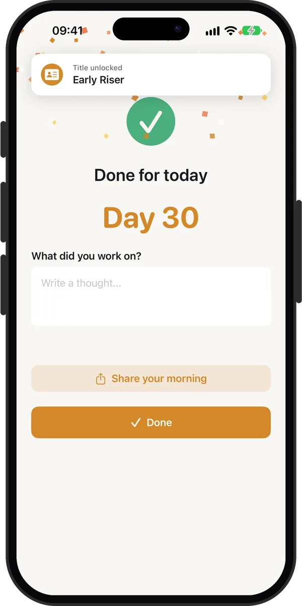 Rise session complete screen, day 30 of the streak