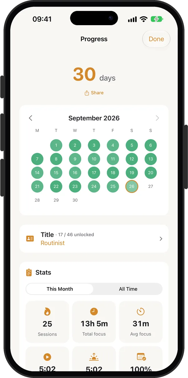 Rise progress screen with a 30-day streak calendar